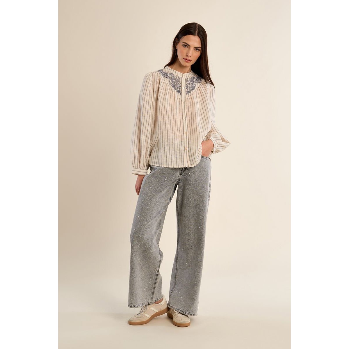 Blouse à rayures col Mao cream, MOLLY BRACKEN
