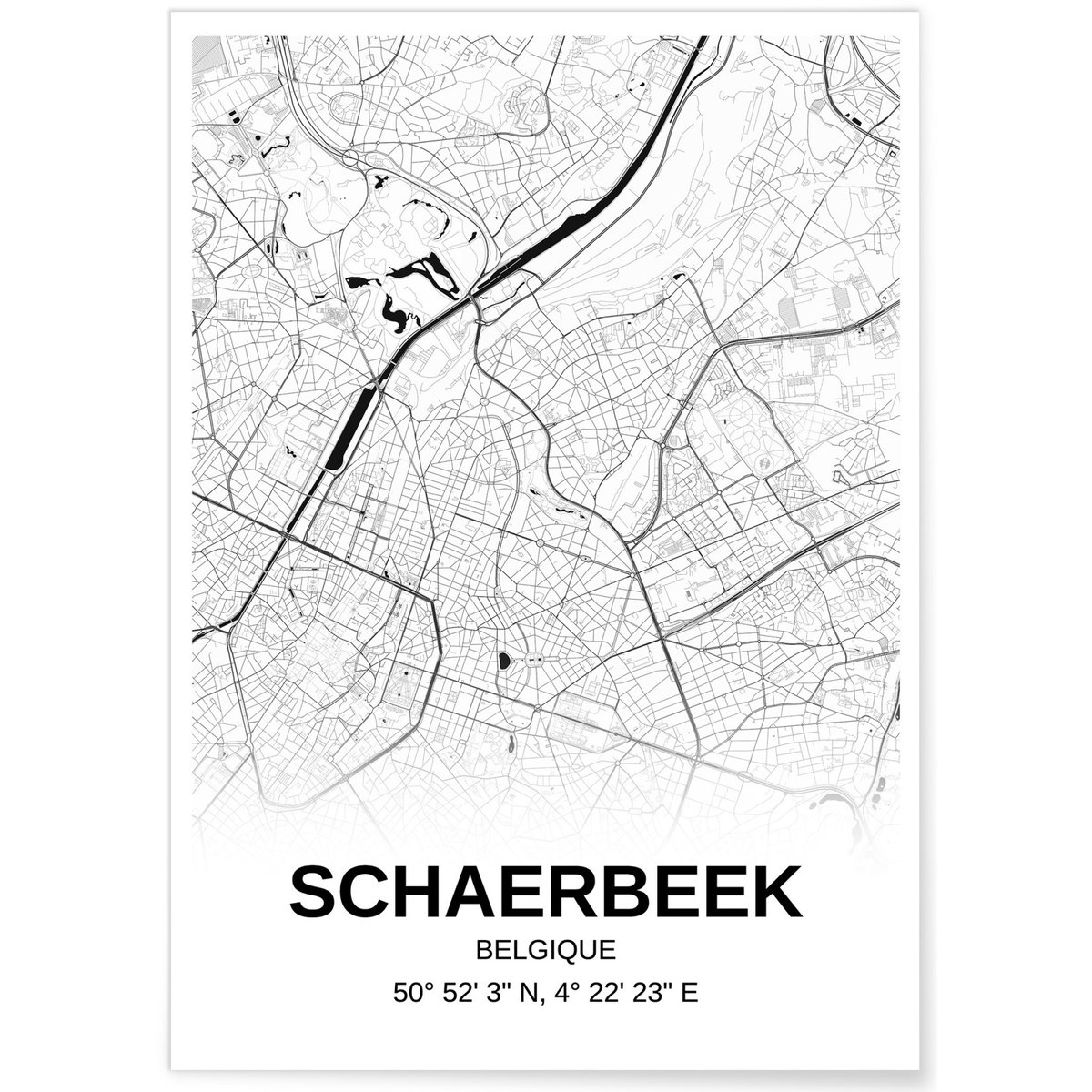 Affiche carte Schaerbeek - rectangle Noir et Blanc blanc, L'AFFICHERIE