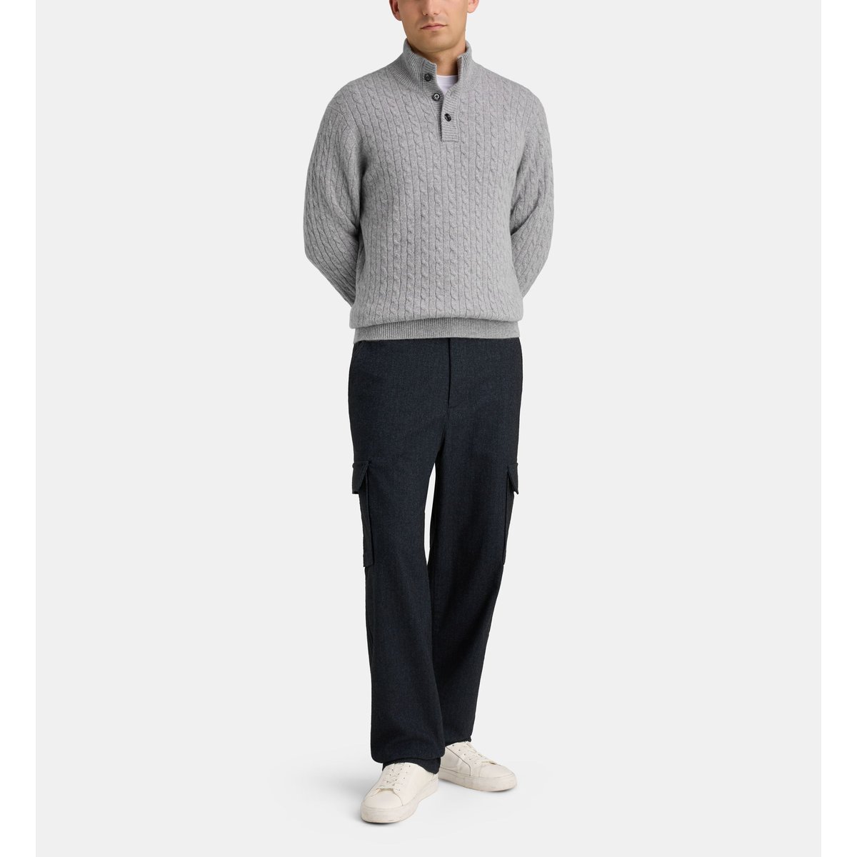 Pull camionneur droit cachcablesmok torsades cachemire gris clair, GALERIES LAFAYETTE