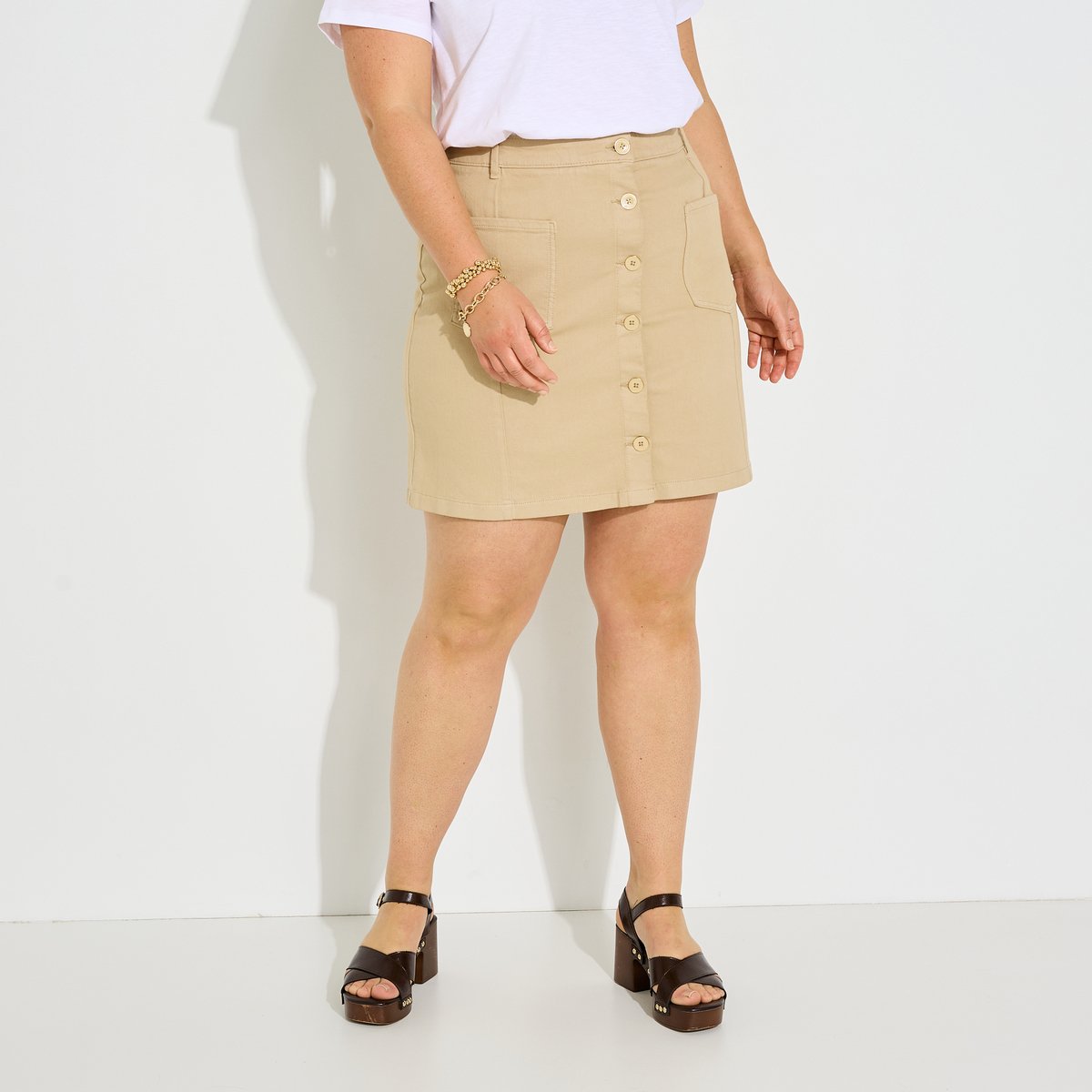 Jupe boutonnée en jean beige, GRAIN DE MALICE