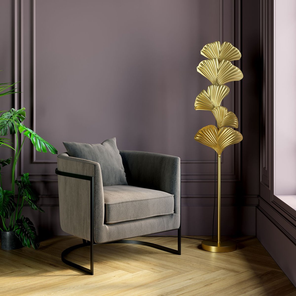 Lampadaire feuilles de ginkgo en acier or, KARE DESIGN