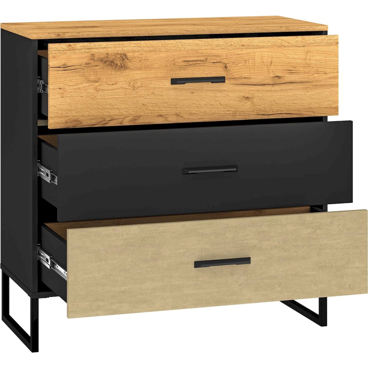 Commode 3 tiroirs collection COLT chêne craft doré, noir et acier, RECOLLECTION