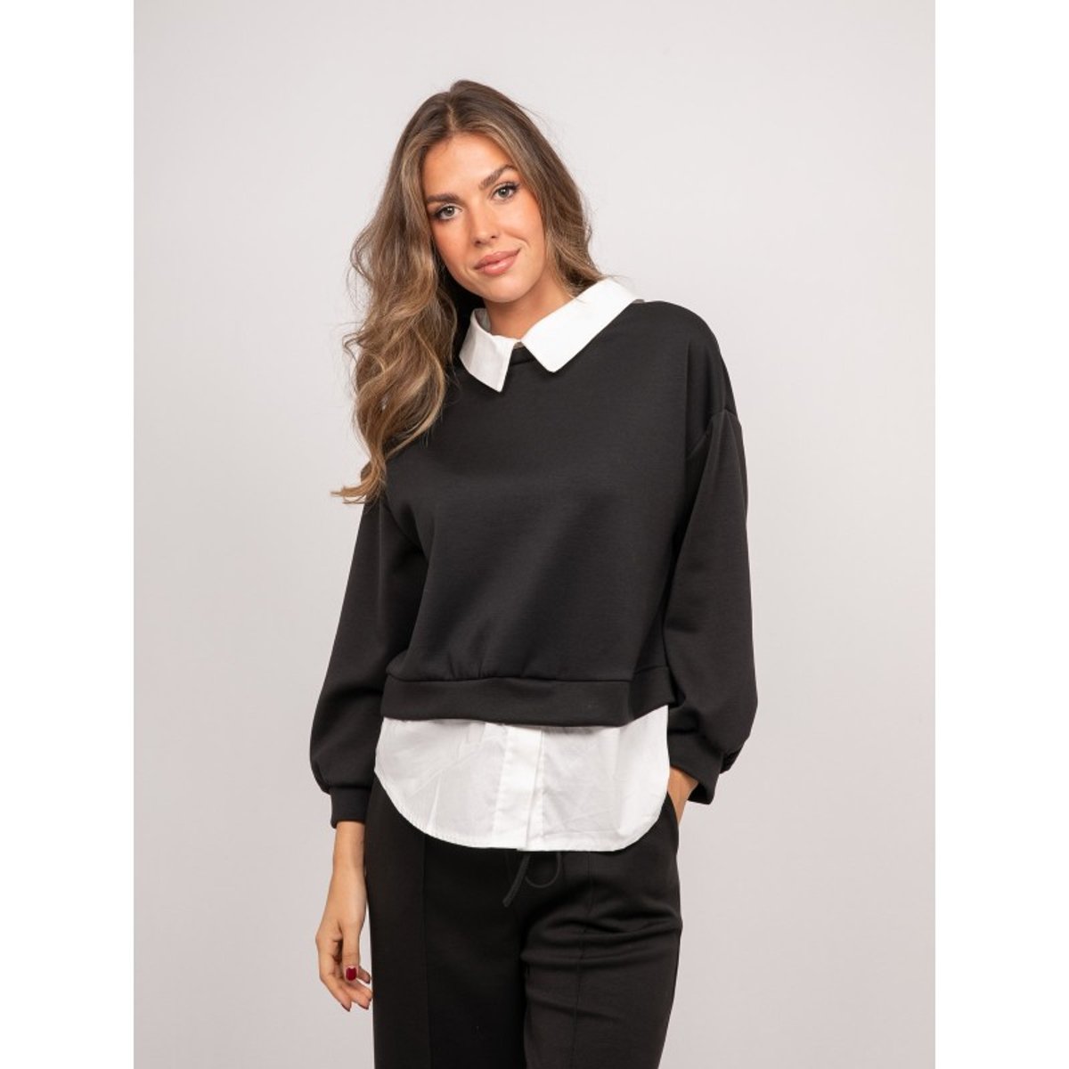 Sweat 2 En 1 Effet Chemise Col Blanc Yuna noir, DONA LISA