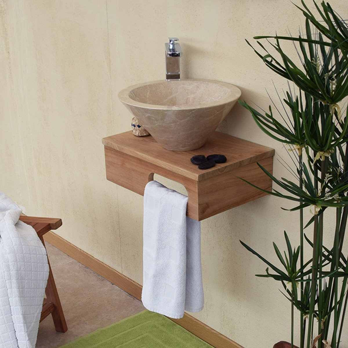 Meuble sous-vasque suspendu en teck pour lave-mains, Lazzeri naturel, WILDWATER
