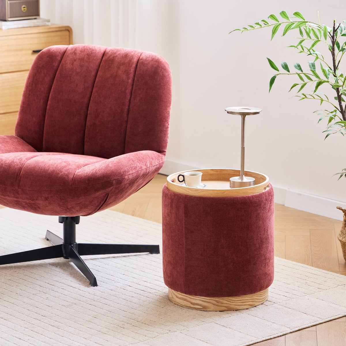 Pouf avec rangement, tissu et bois, KEMI terracotta, NORDLYS