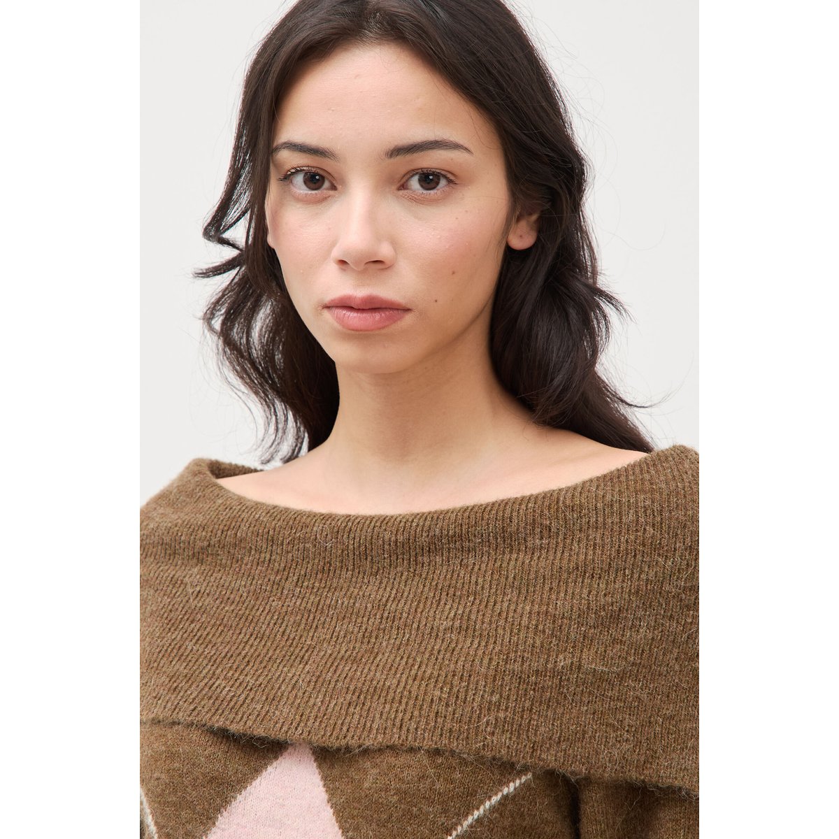Pull droit manches longues bardot marron, BONOBO
