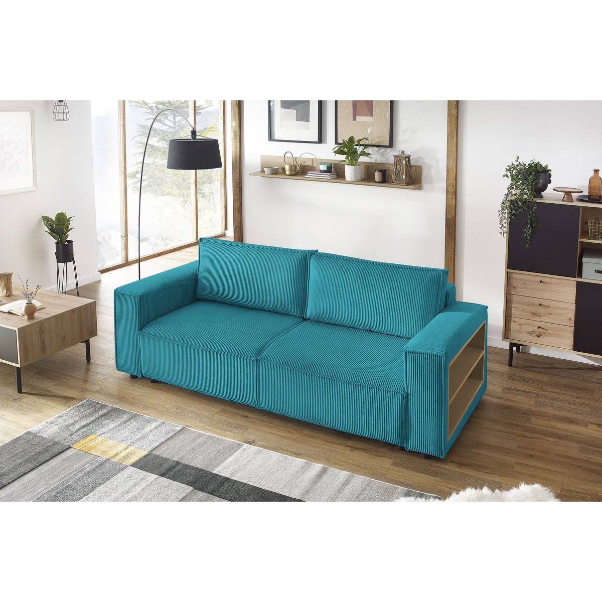 Canapé droit convertible 3 places en velours côtelé avec pouf, NIHAD bleu foncé, BOBOCHIC