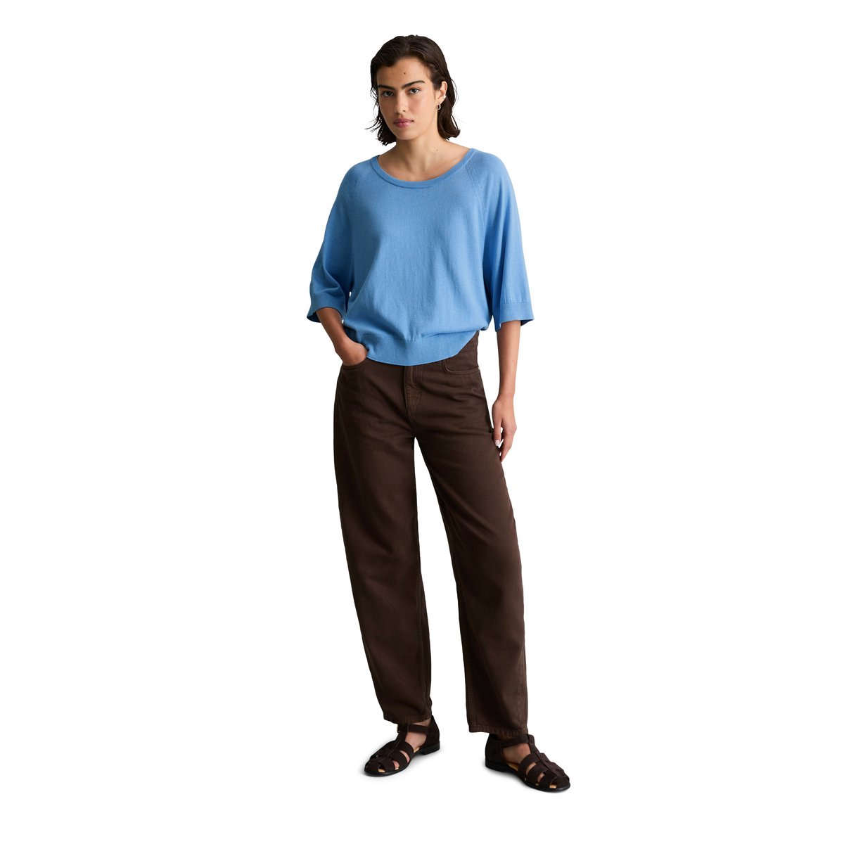Pull à manches courtes relaxed en doux mélange de coton organique et de modal bleu moyen, MARC O’POLO DENIM