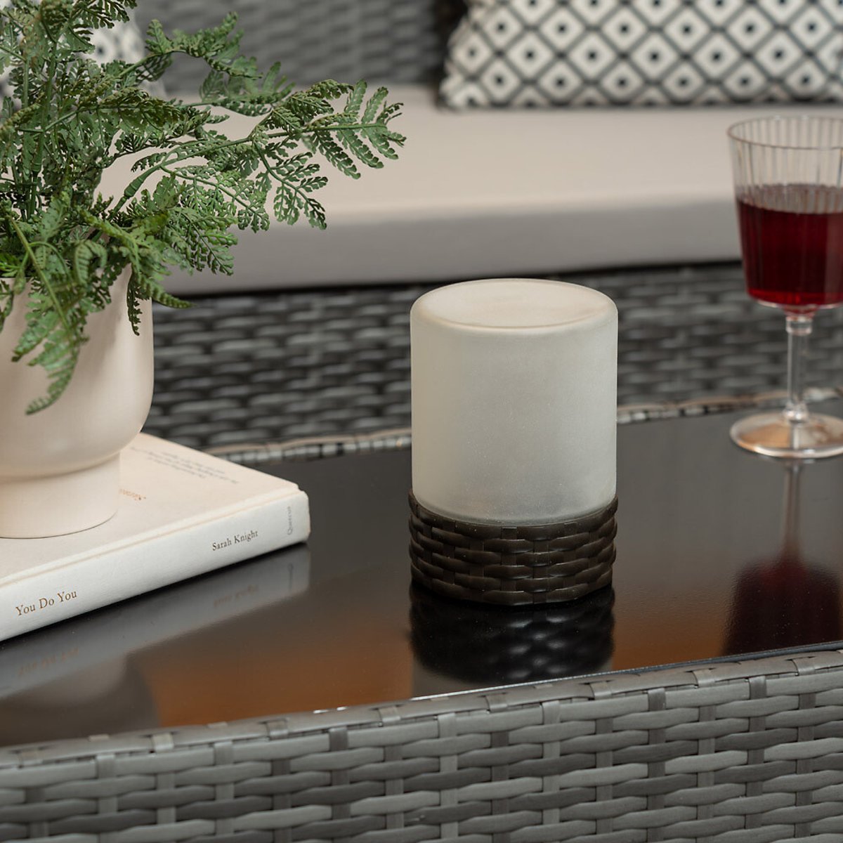 Solar Powered Outdoor Rattan Table Lamp with Frosted Glass Shade white, SO'HOME