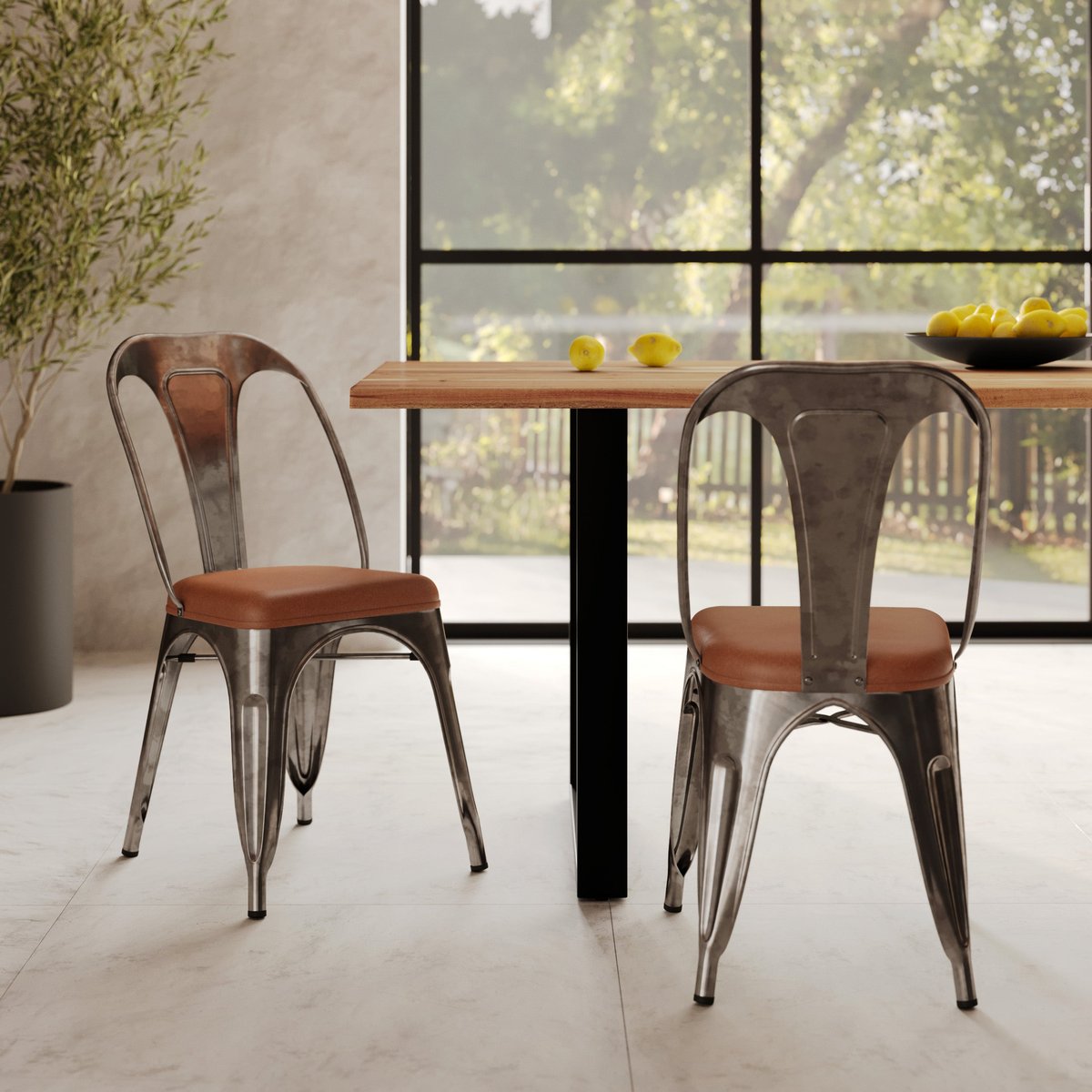 Lot de 2 chaises en métal et cuir synthétique - CHARLY gris anthracite et marron, MAISON PAVANE