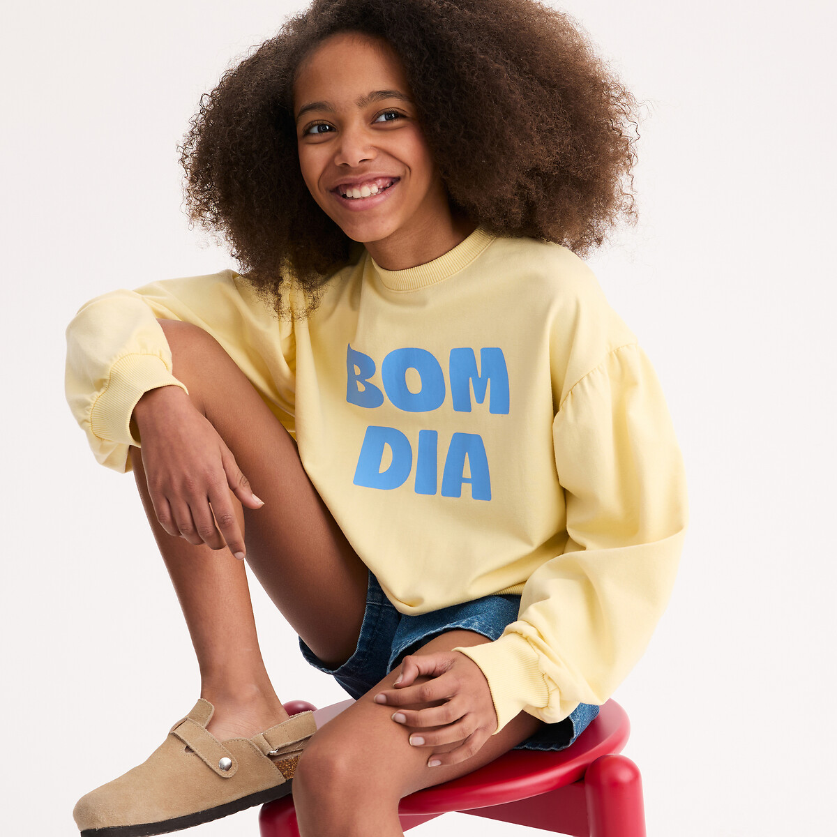 Sweat col rond, à manches longues bouffantes, en molleton, texte imprimé devant jaune, LA REDOUTE COLLECTIONS