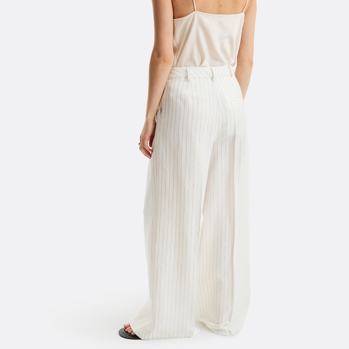 Pantalon large à pinces à rayures en lin et coton rayé ivoire/marine, LA REDOUTE COLLECTIONS