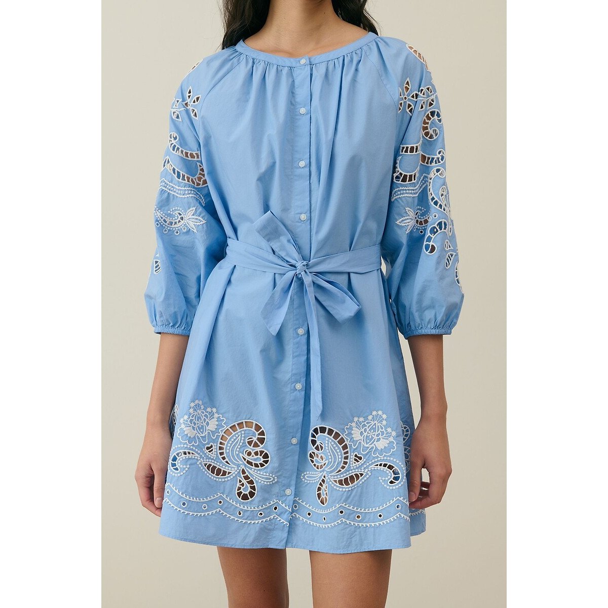 Rinala Embroidered Mini Dress with Crew Neck and 3/4 Length Sleeves blue striped, LOUISE MISHA