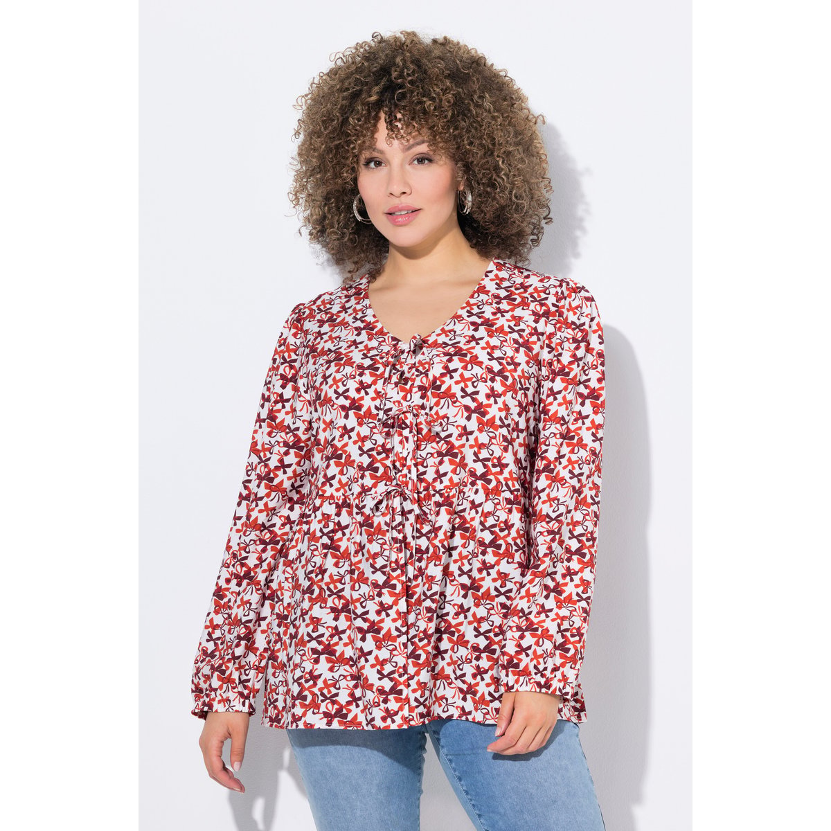 Blouse coupe évasée, imprimé petits nœuds rouge, ULLA POPKEN