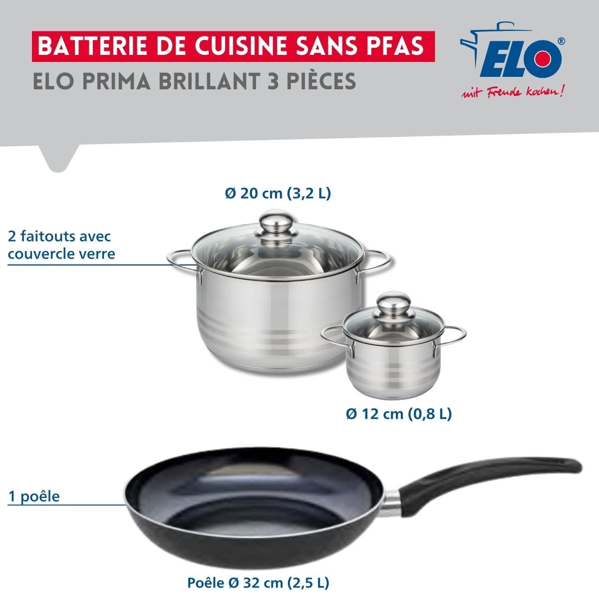 Batterie 1 poêle 32cm + 2 faitouts 12/20cm PRIMA BRILLANT noir, ELO