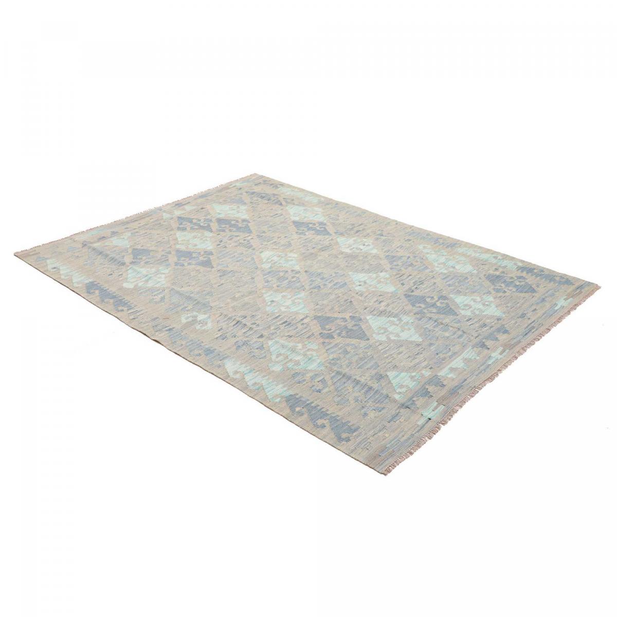Tapis d'orient au motif géométrique, tissage plat naturel, KILIM 18 bleu, beige, vert, UN AMOUR DE TAPIS
