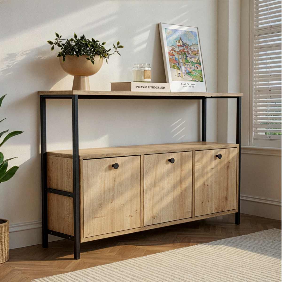 Buffet 3 portes avec étagère SIENNA chêne/ noir, CALICOSY