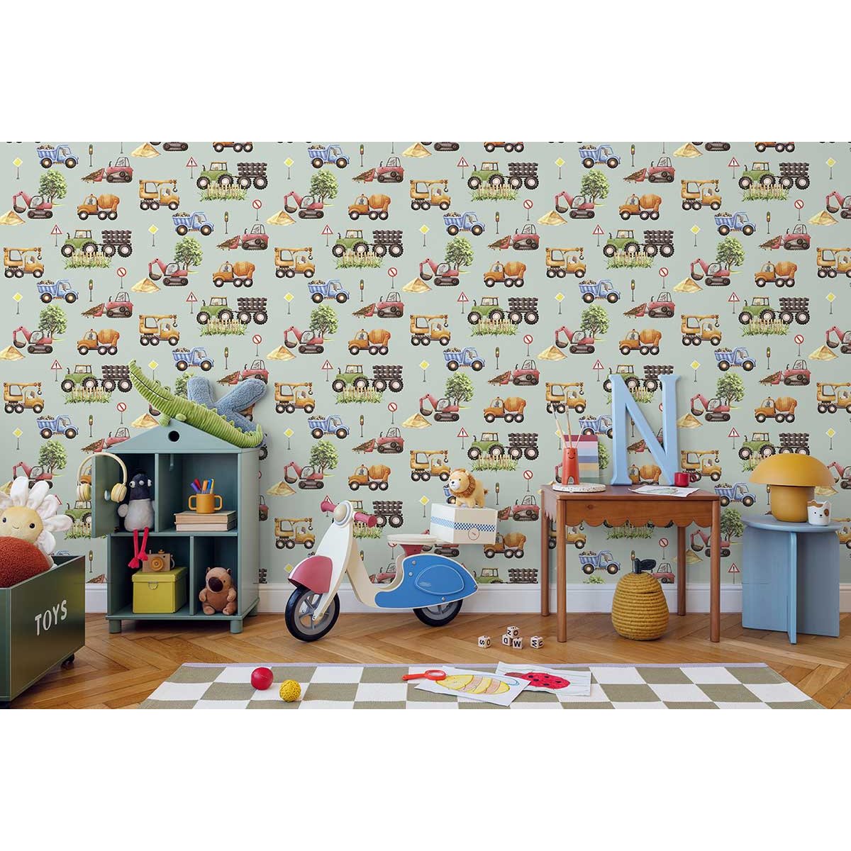 Papier peint engins chantier animaux fond vert multicolore, HEXOA