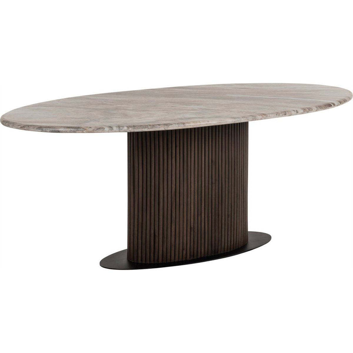 Table à manger ovale en marbre piètement cannelé beige blush et bois foncé, RECOLLECTION