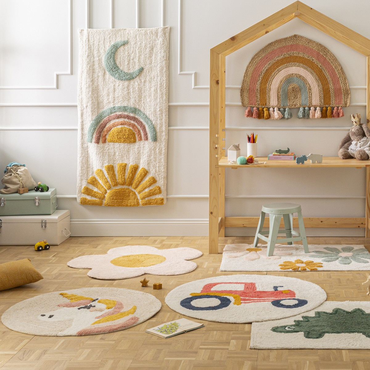 Tapis enfant Tracteur rond en coton tufté VEHICULES blanc, FUTURE HOME