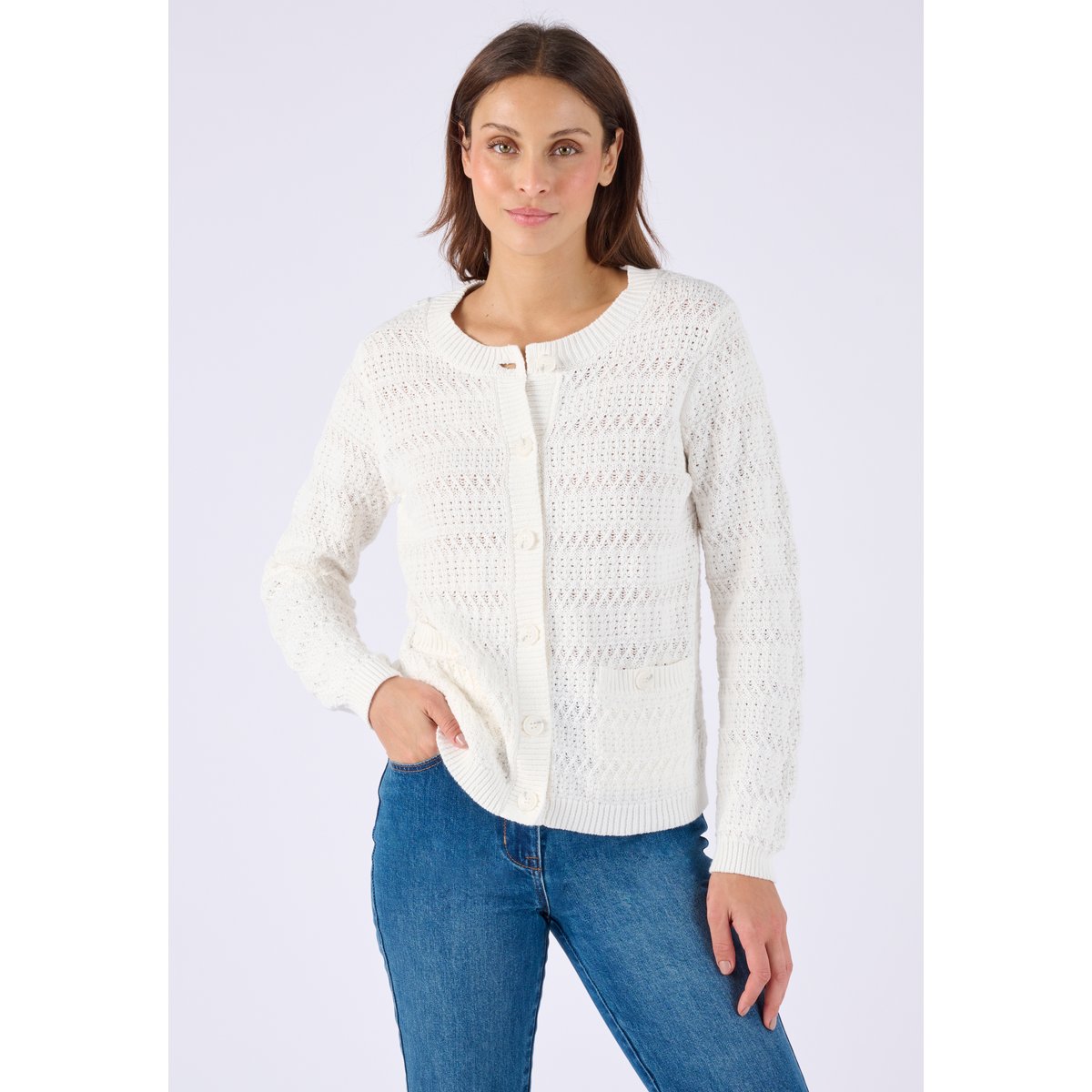 Cardigan court jeu de maille blanc cassé, DAMART