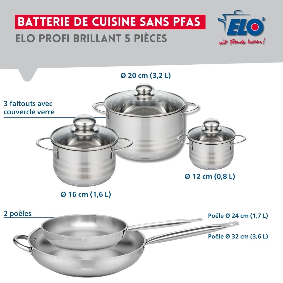 Batterie 2 poêles 24/32cm + 3 faitouts 12/16/20cm PROFI BRILLANT gris, ELO