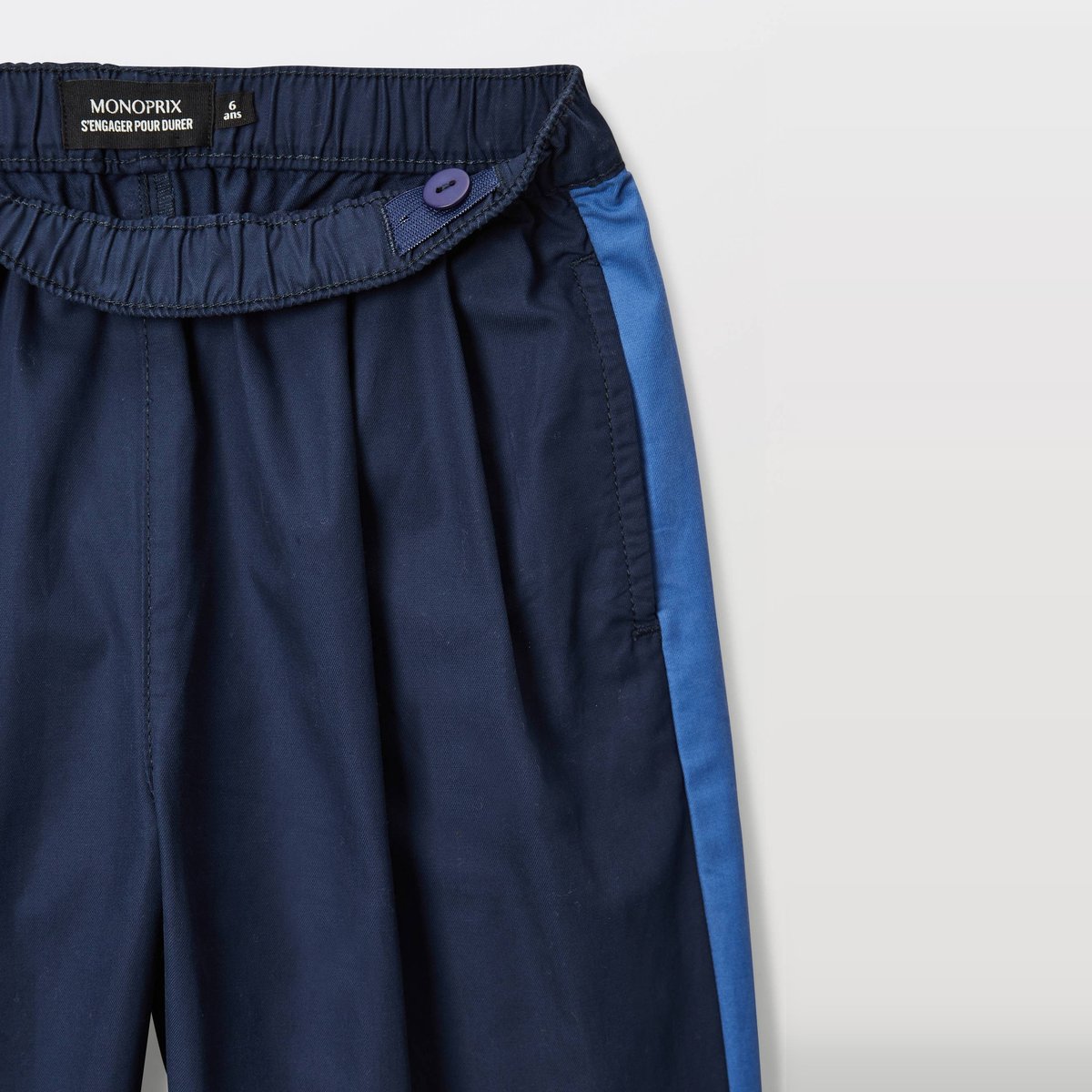 Pantalon large uni en coton marine, MONOPRIX