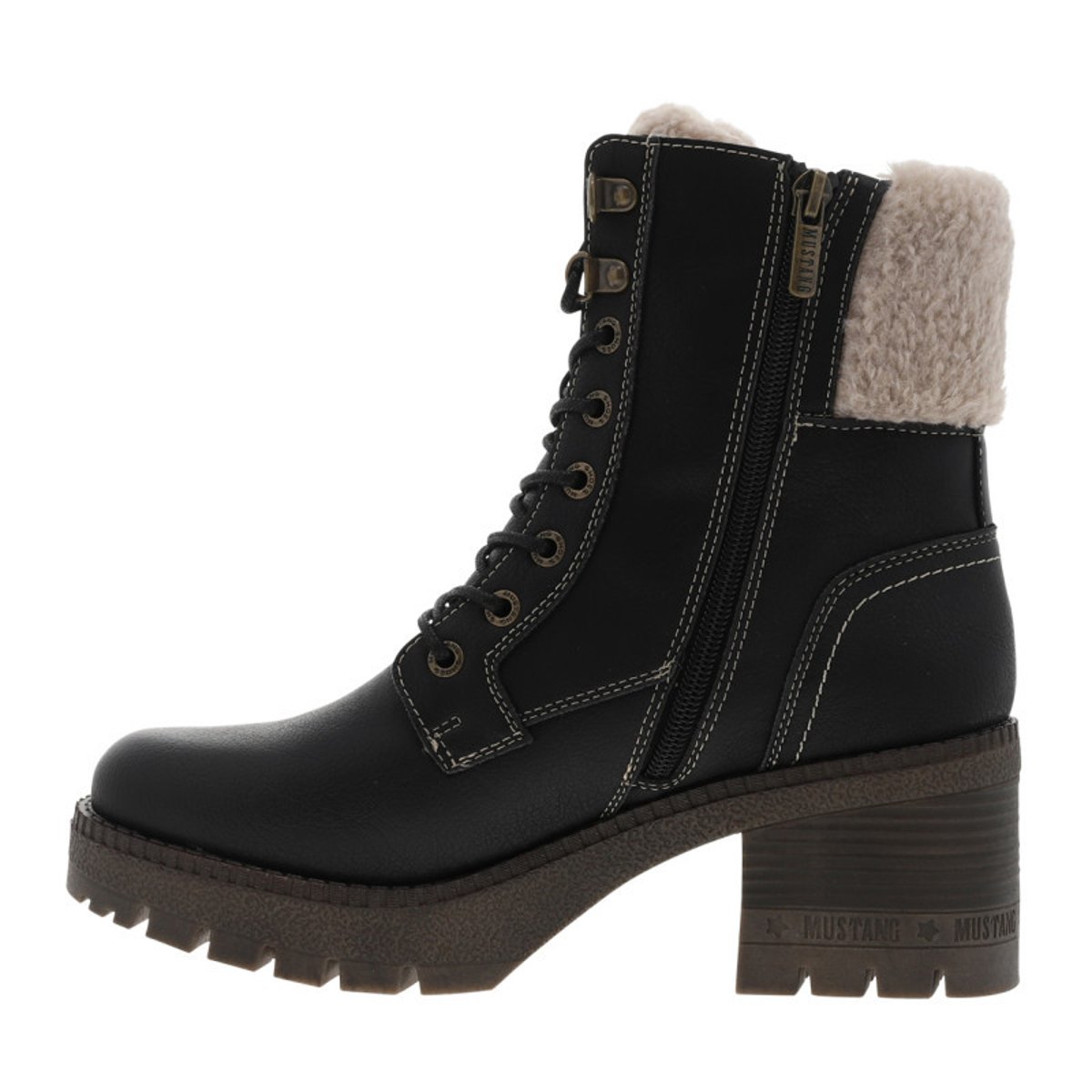 Bottines noires à talon décroché moyen avec un zip et des lacets ronds noires, MUSTANG