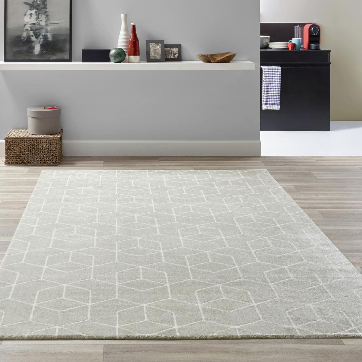 Tapis salon et chambre tissé motif abstrait LUCEN 8 argent, écru, UN AMOUR DE TAPIS