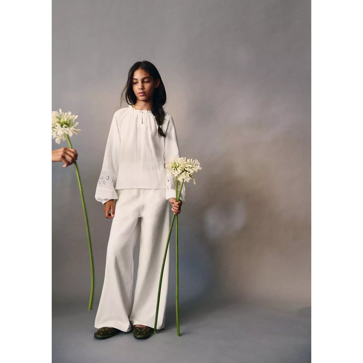 Jean wideleg taille élastique blanc cassé, MANGO KIDS