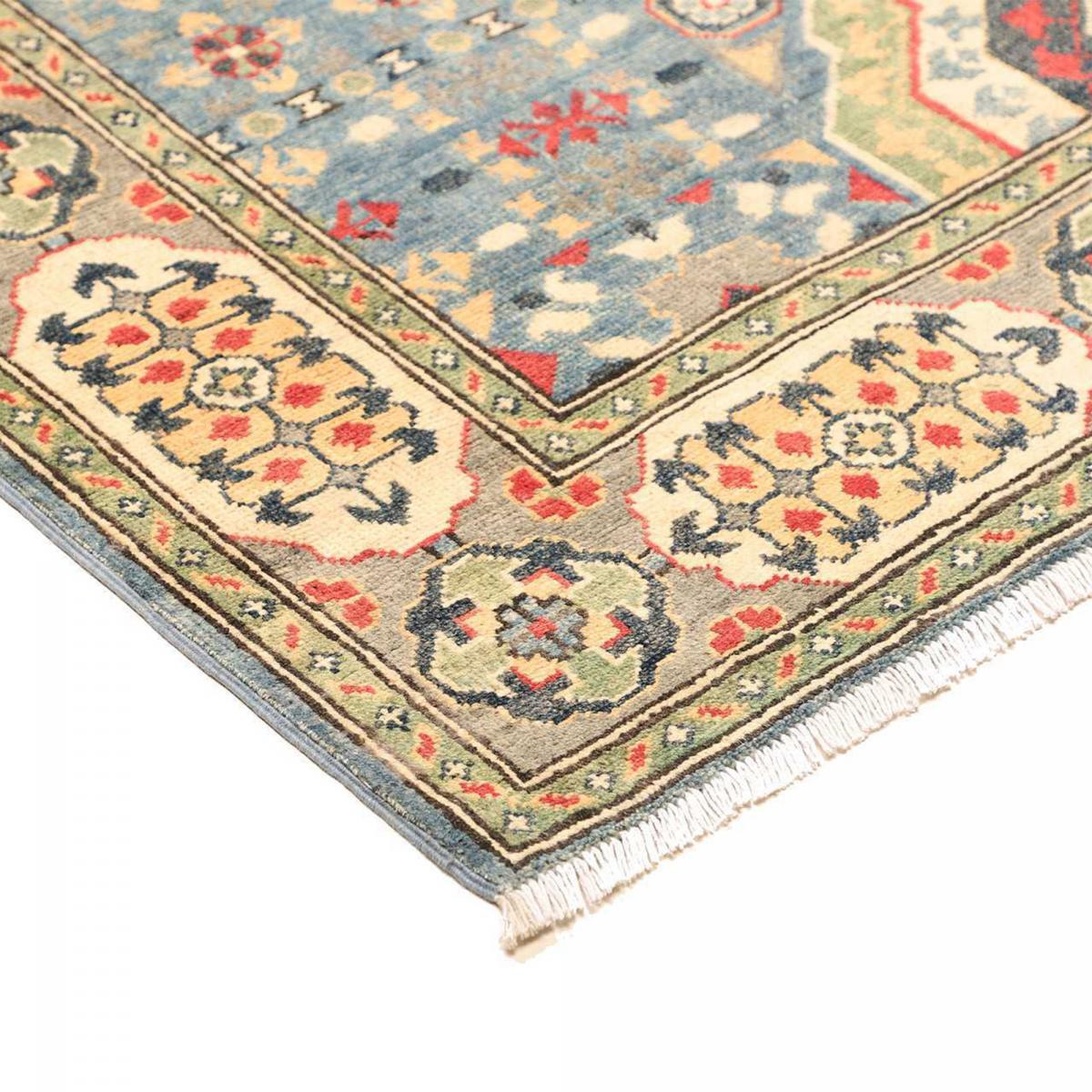 Tapis salon, motif géométrique noué main, laine naturelle, KAZAK CO 69 bleu, beige, rouge, UN AMOUR DE TAPIS