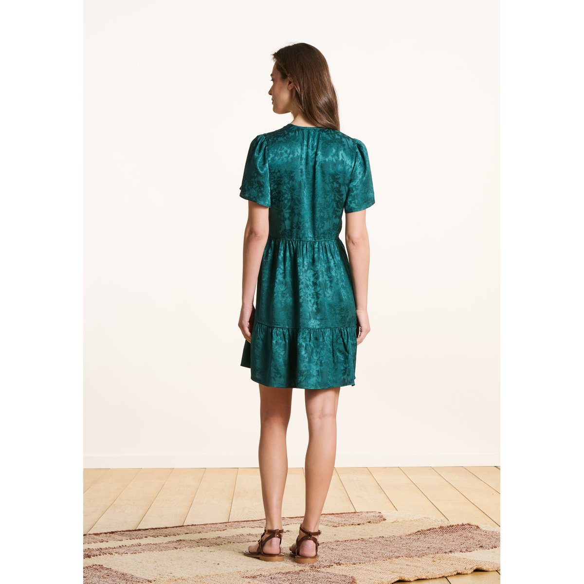 Robe courte fluide en jacquard petrole light, LA FEE MARABOUTEE