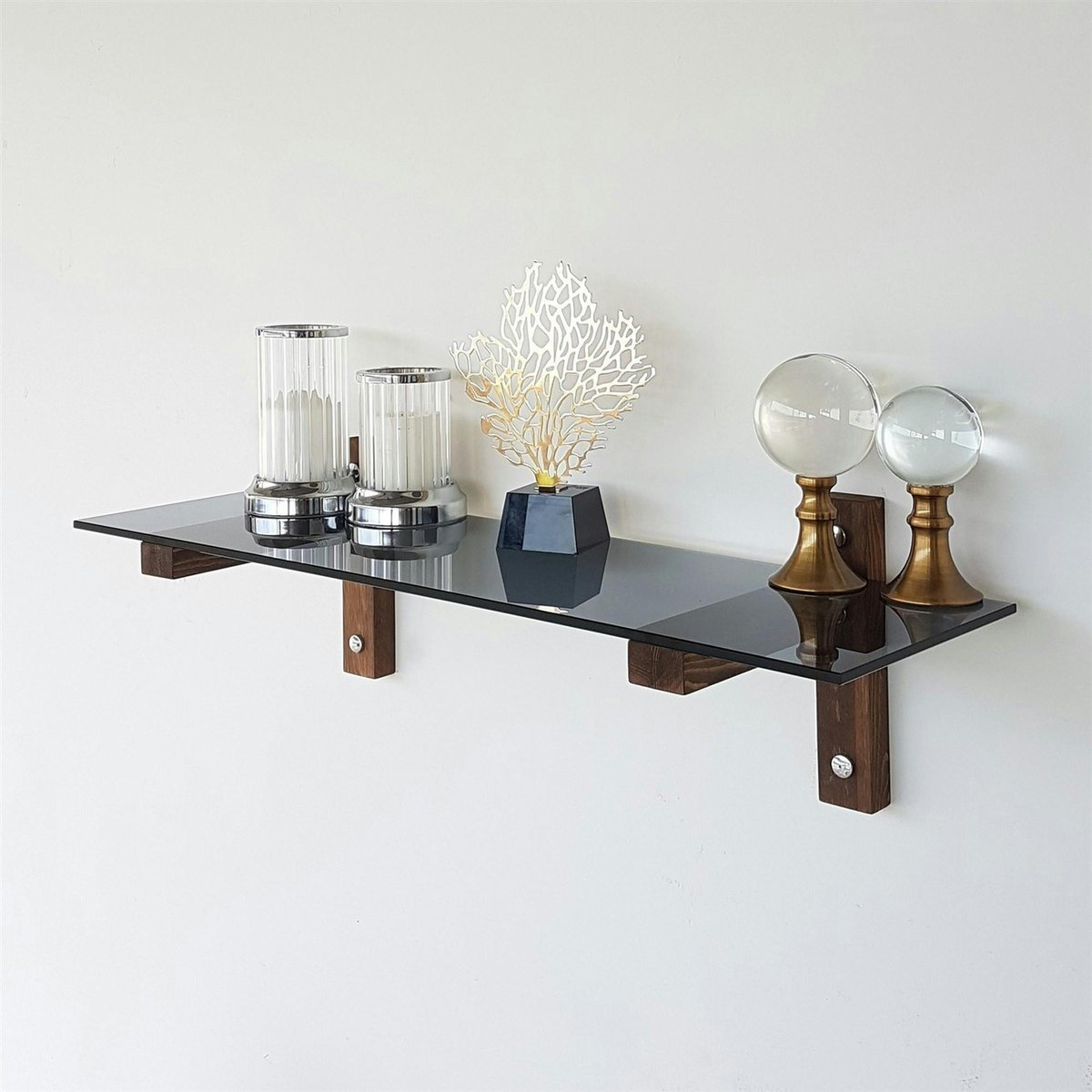 Étagère murale en verre fumé - supports bois foncé LHASA bois naturel, PIER IMPORT