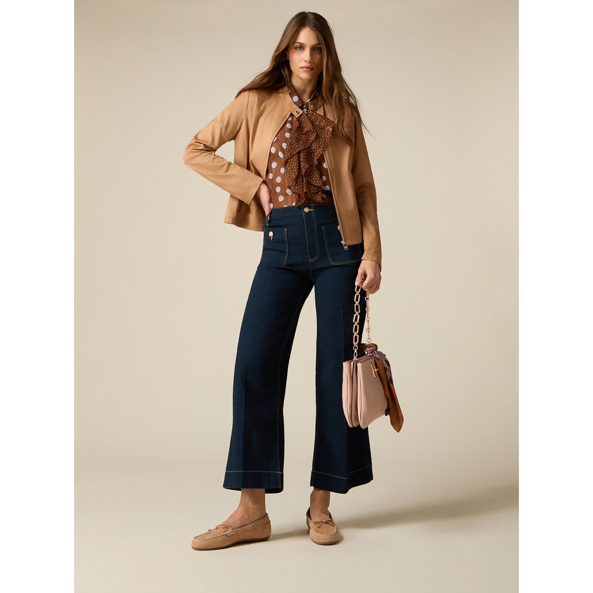 Jean court taille haute avec applications bleu, OLTRE