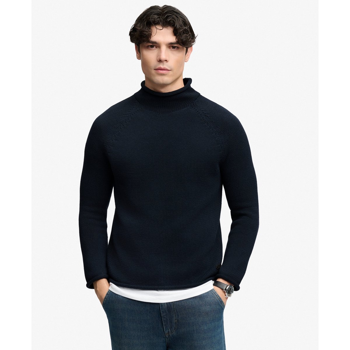 Pull à Bords Roulés Coupe Décontractée bleu marine nautique, SUPERDRY