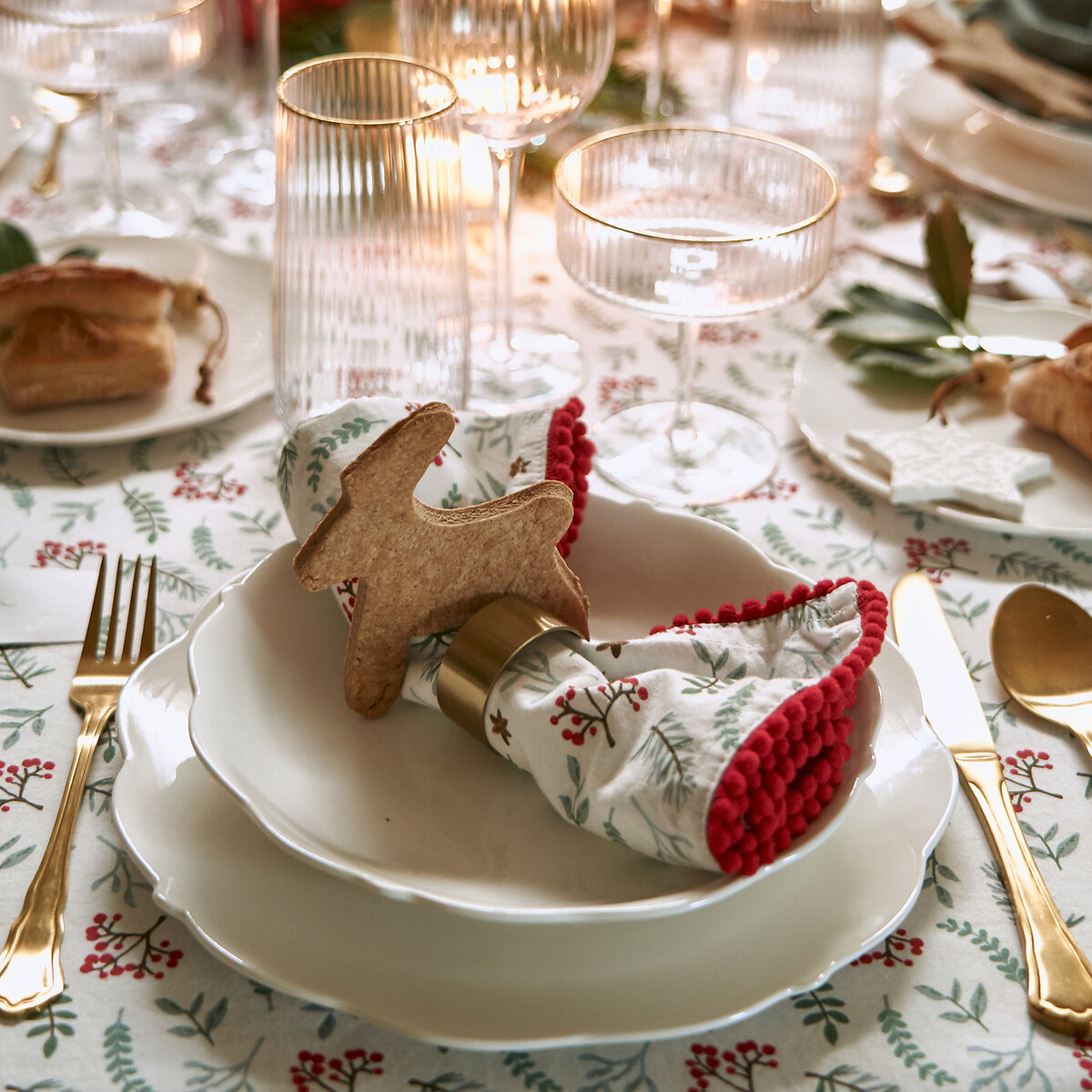 Lot de 4 serviettes de table, Winter berry fond blanc/imprimé, LA REDOUTE INTERIEURS
