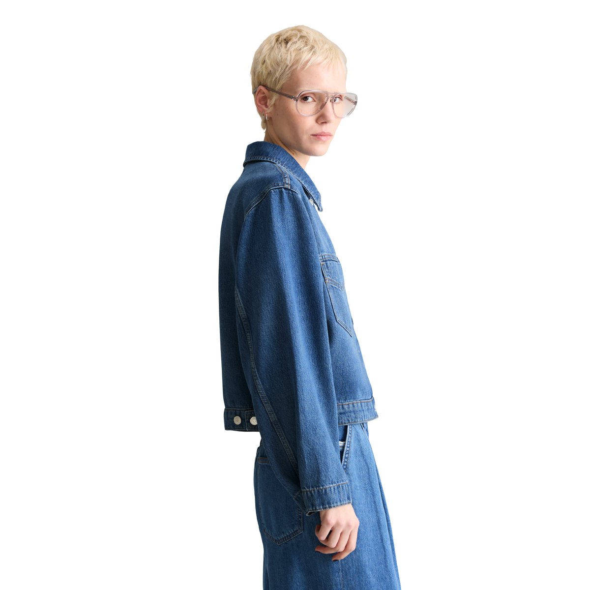 Veste en jean oversize cropped en mélange de coton organique et de lyocell bleu moyen, MARC O’POLO DENIM