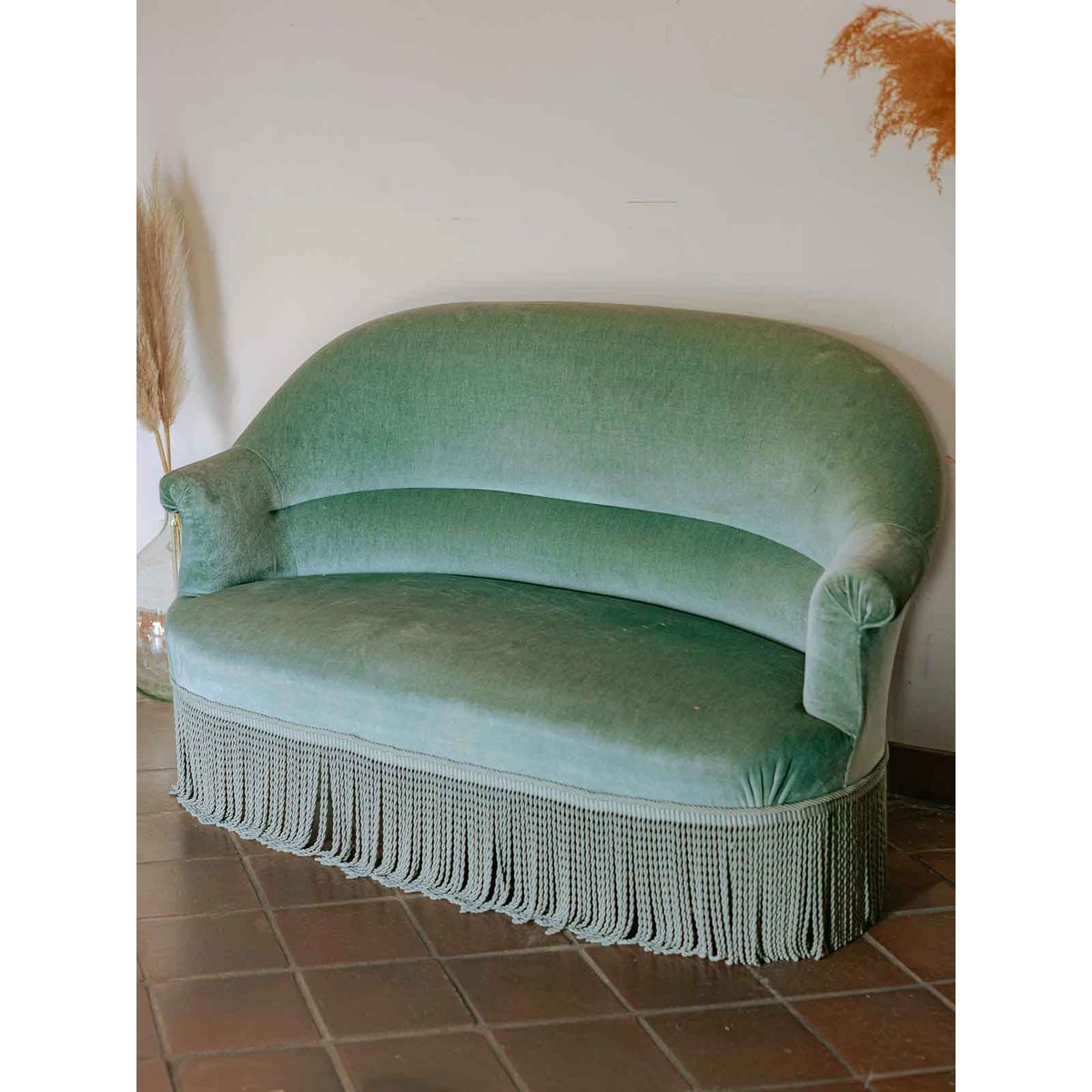 Banquette crapaud en velours turquoise céladon Martine N°60 - Bon état bleu, DEBONGOUT