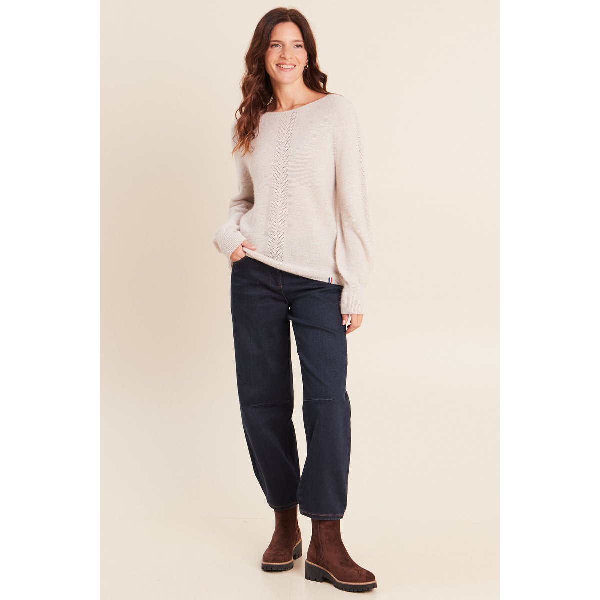 Pull droit col rond manches longues beige, BREAL