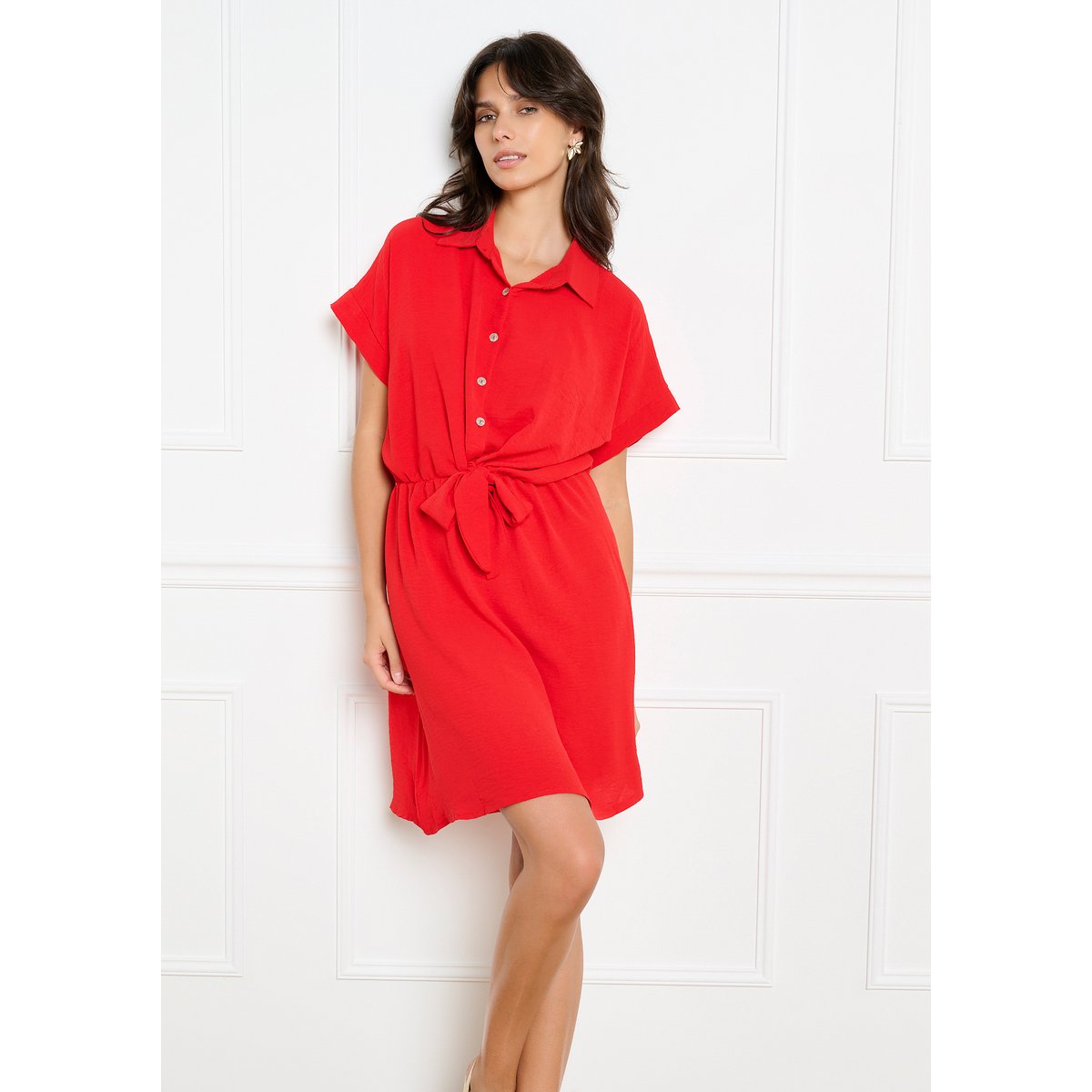 Robe col chemise nouée rouge, LOLALIZA