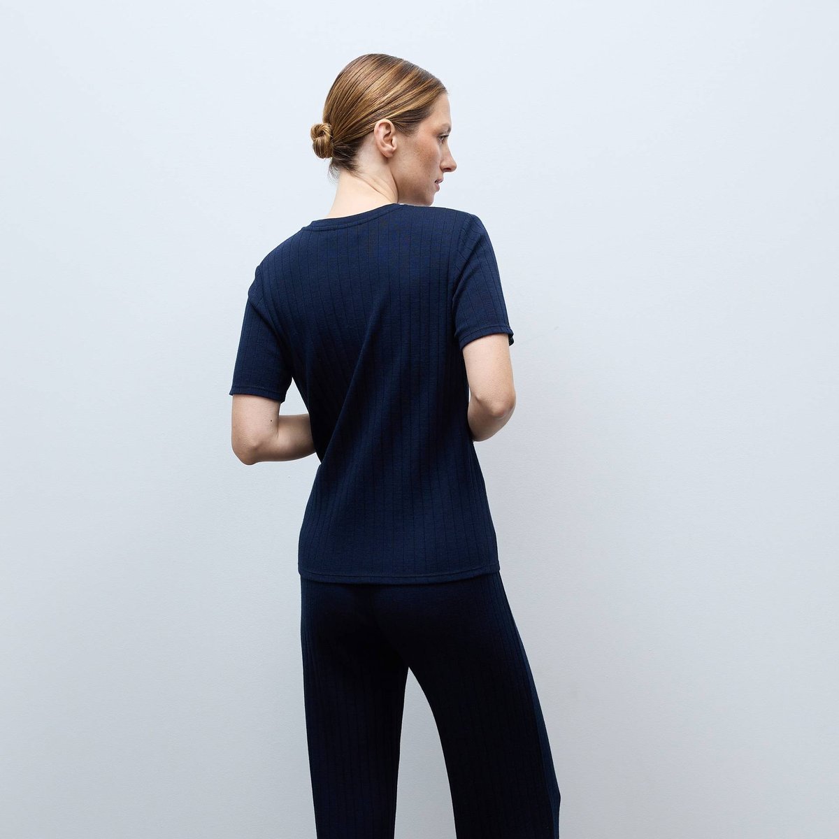 Pantalon uni en laine et soie marine, MONOPRIX
