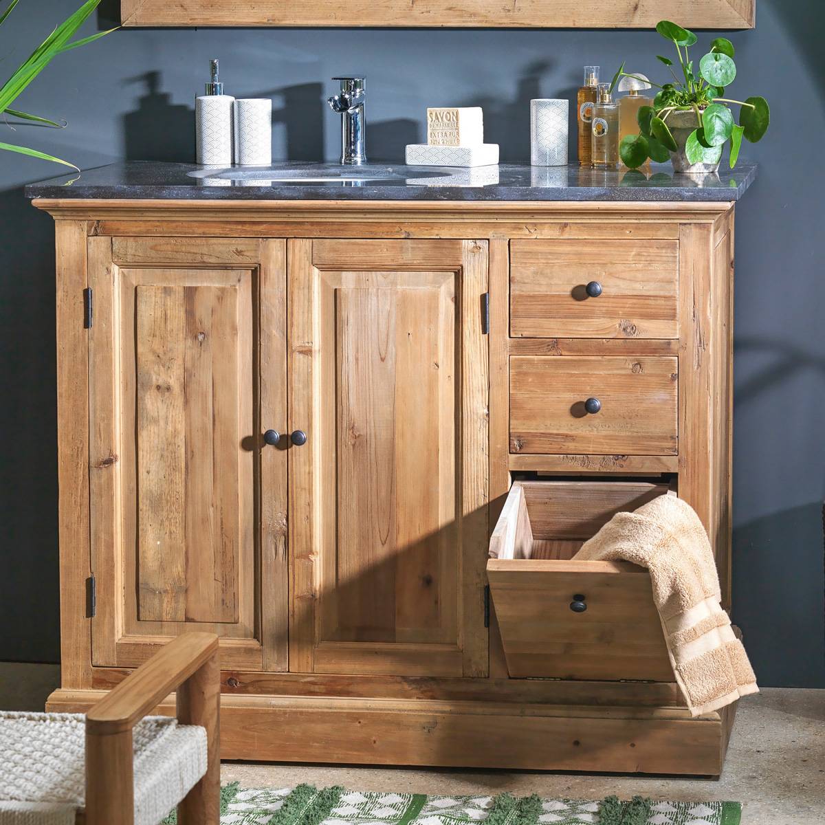 Meuble sous vasque en bois recyclé APRIL bois clair, MADE IN MEUBLES 