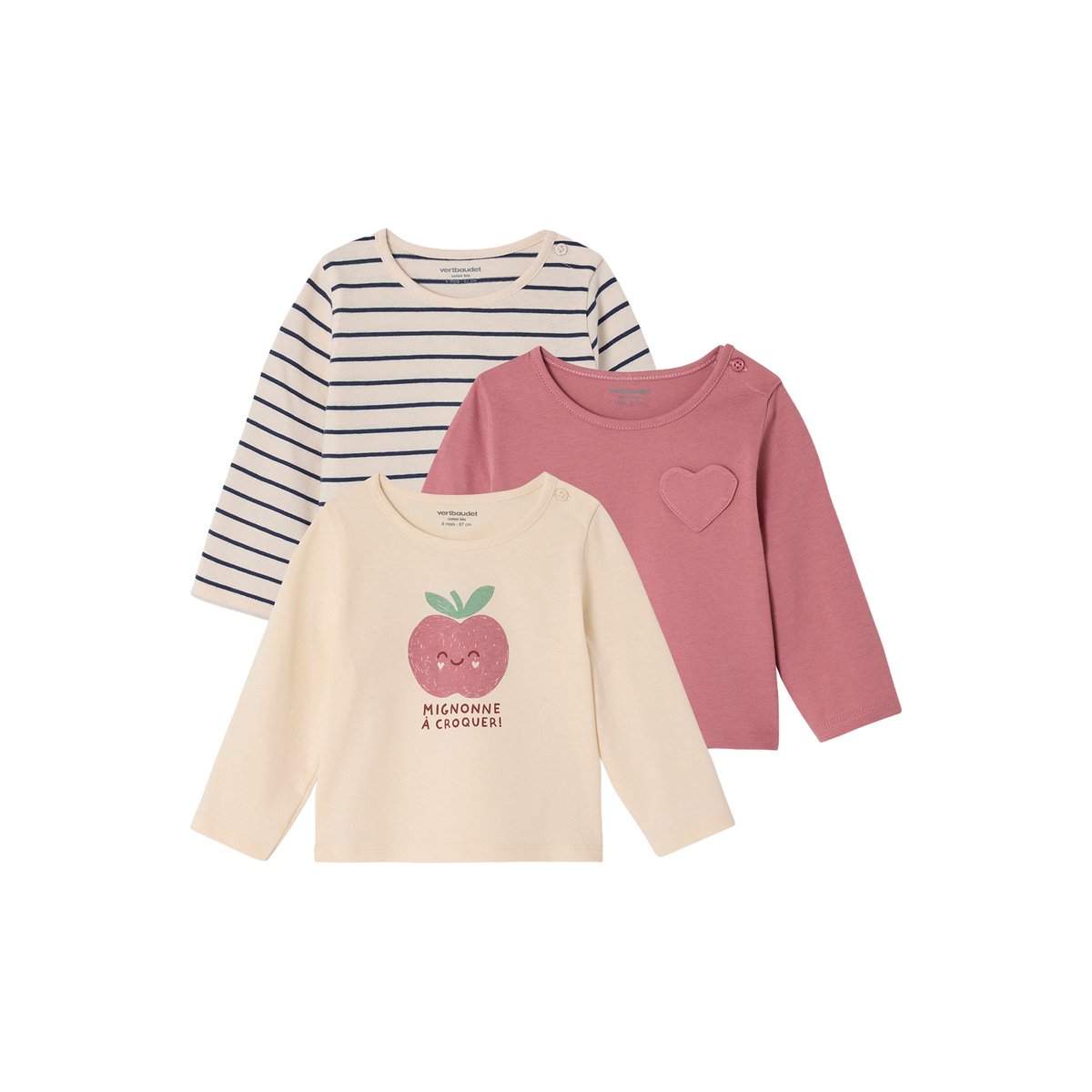 Lot de 3 T-shirts Basics manches longues vieux rose, VERTBAUDET