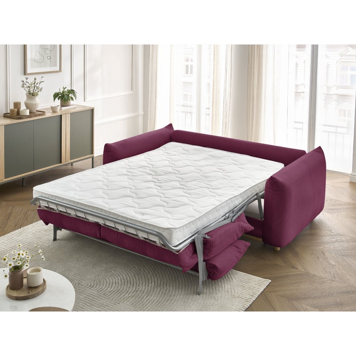 Canapé lit 3 places en tissu couchage 140x190 cm, ERNEST rouge, BOBOCHIC