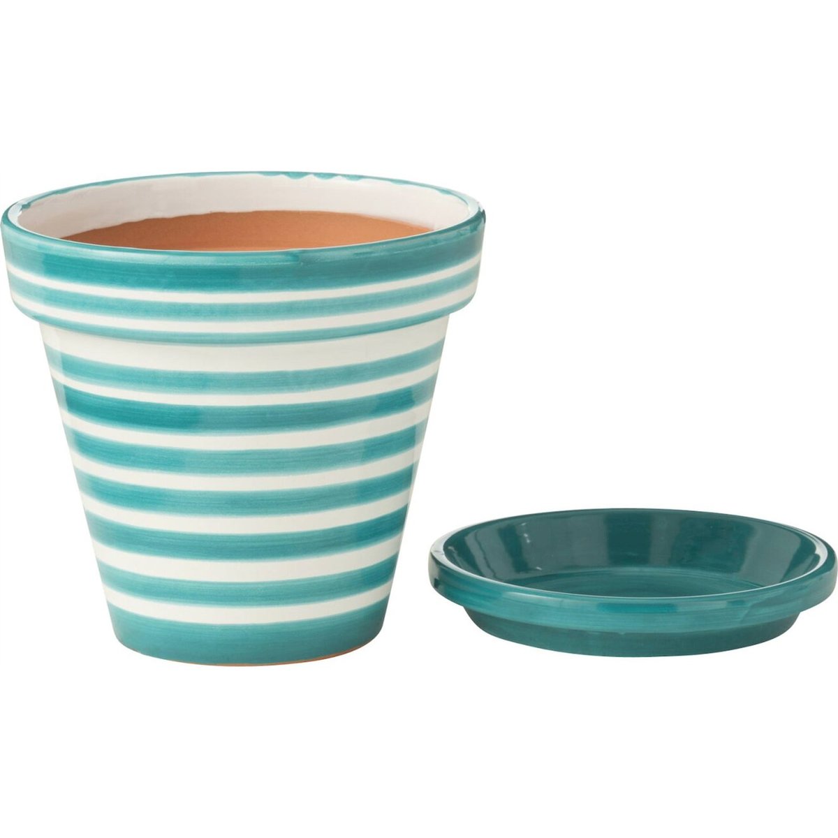 Cache-pot rayé en poterie peinte main aqua et blanc, RECOLLECTION