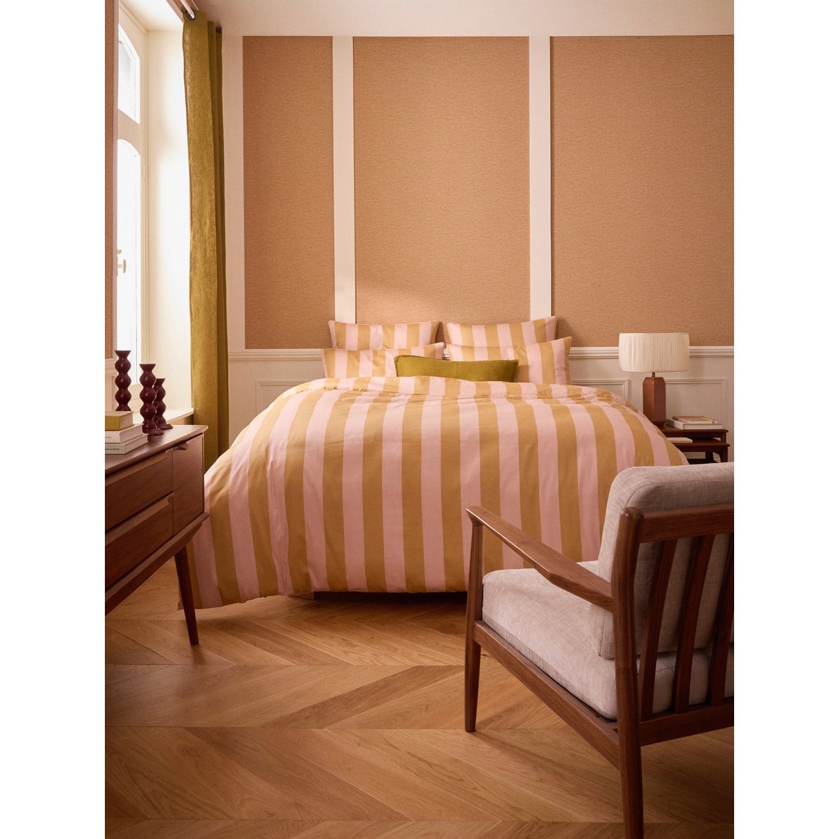 Housse de couette satin de coton "MAXINE" rayure rose, CYRILLUS