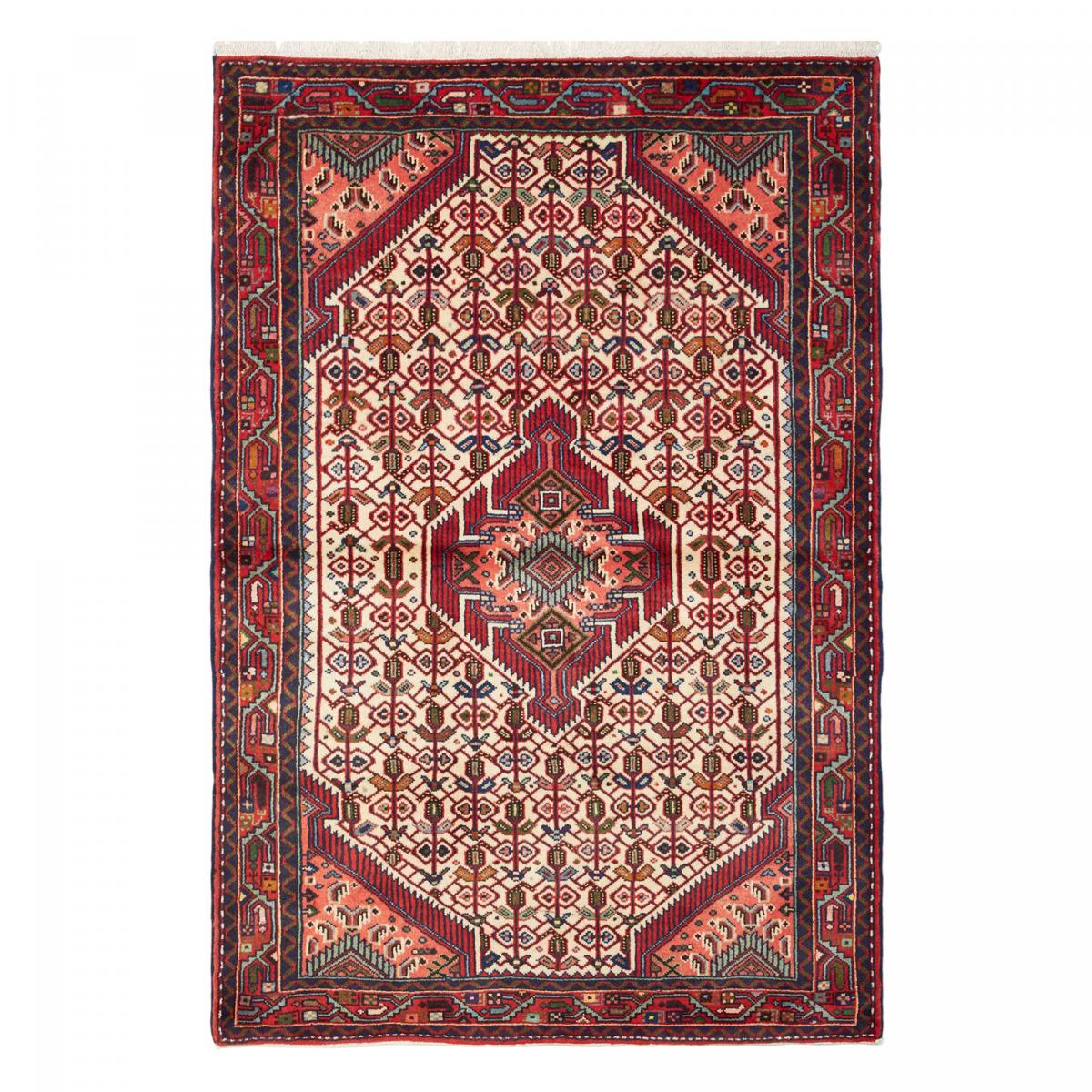 Tapis d'orient au motif oriental, noué main en laine naturelle rouge, crème, bleu, UN AMOUR DE TAPIS