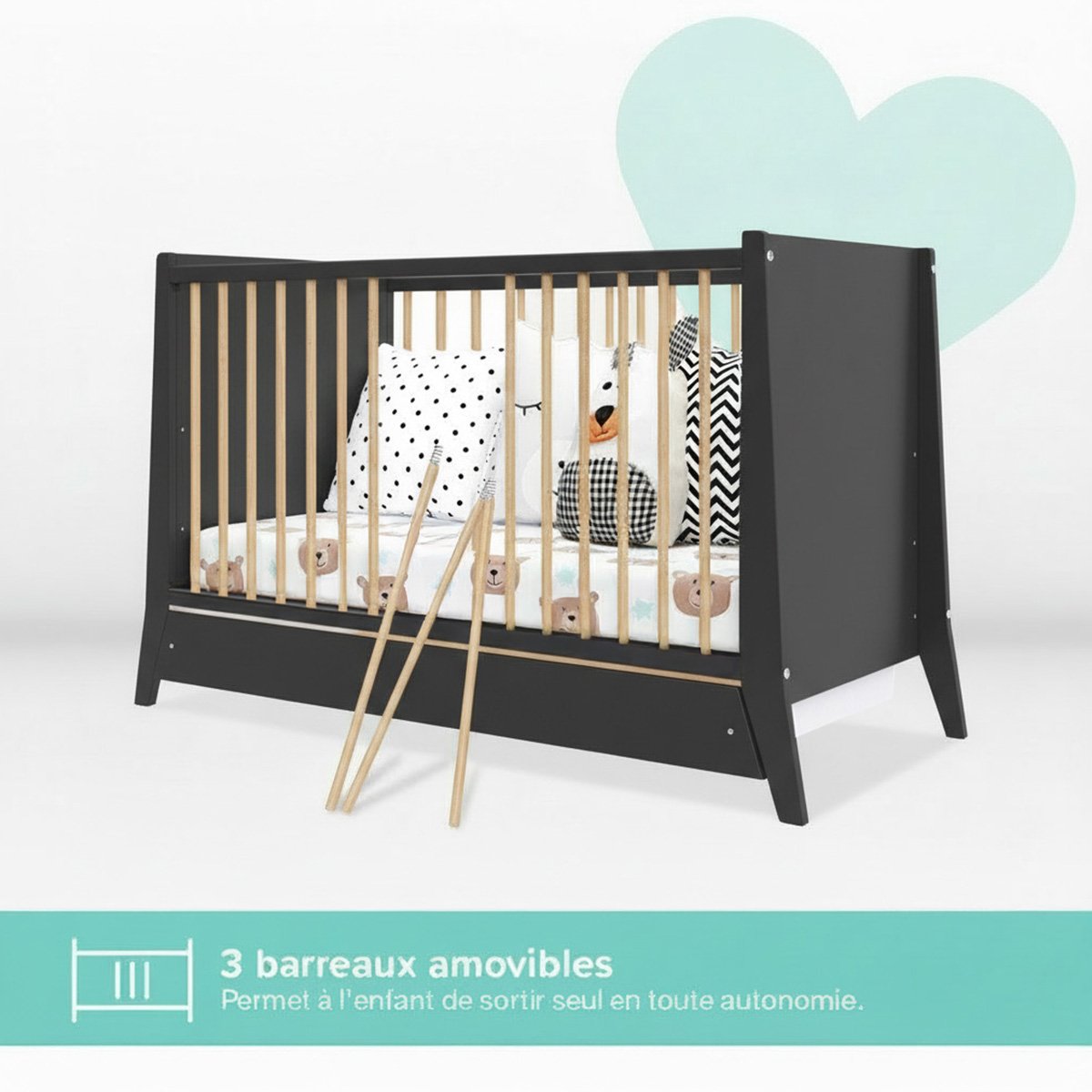 Lit bébé évolutif Timeo - Espace qui grandit gris, MINEA
