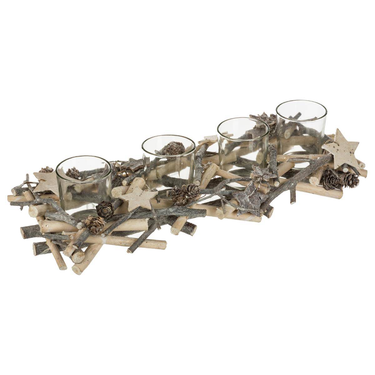 Photophore centre de table buche avec 4 photophores bois blanc gris, ATMOSPHERA