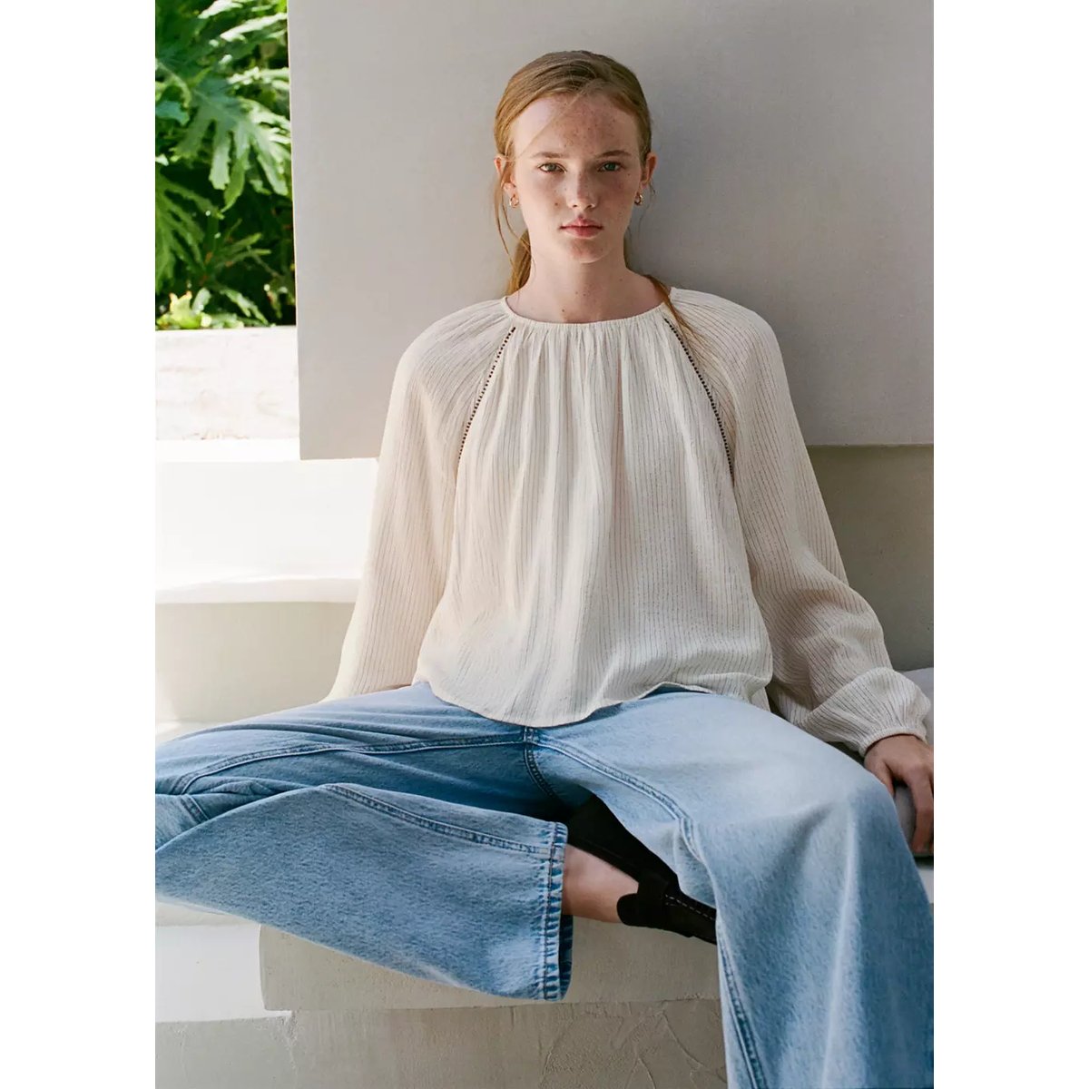 Blouse à rayures métallisées et ornements blanc cassé, MANGO TEEN
